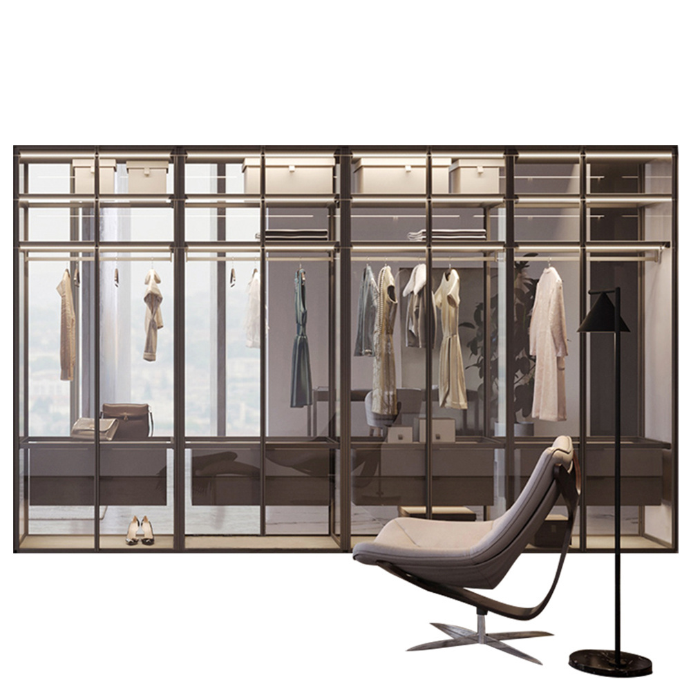 Waybom High Quality Transparent Black Gold Framed Grey Glass Wardrobe