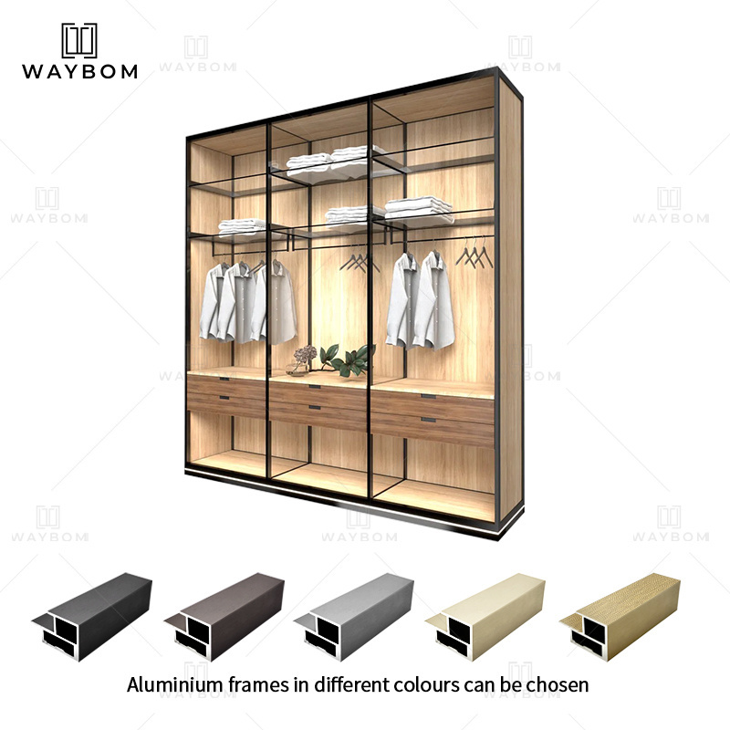 Foshan Manufacturer Bedroom Furniture High End Closet Systems L Shape Aluminum Profile Glass Door Aluminum Material Wardrobe