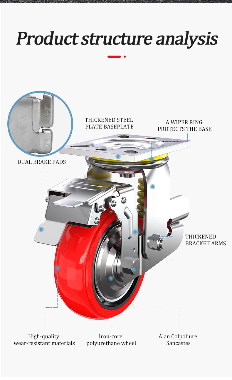 heavy duty  4/5/6  inch rigid swivel and brake Iron Core Polyurethane wheel castors  shock absorbing caster wheels