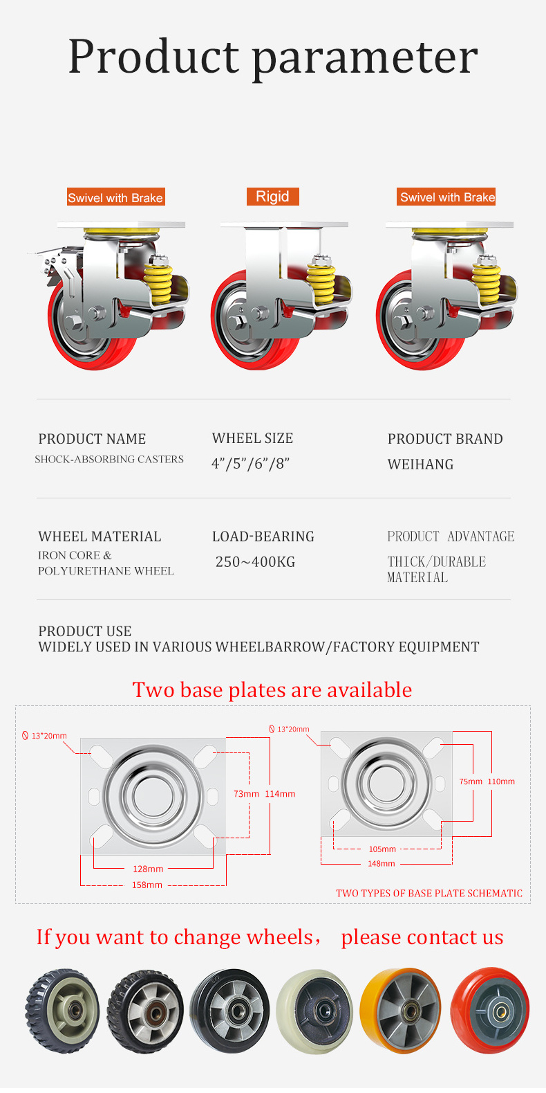 heavy duty  4/5/6  inch rigid swivel and brake Iron Core Polyurethane wheel castors  shock absorbing caster wheels