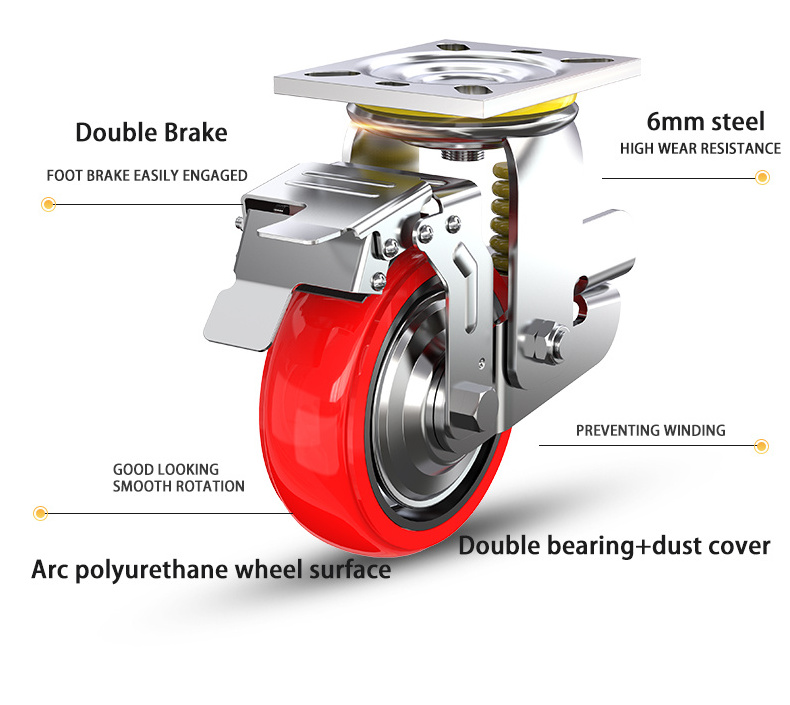 heavy duty  4/5/6  inch rigid swivel and brake Iron Core Polyurethane wheel castors  shock absorbing caster wheels