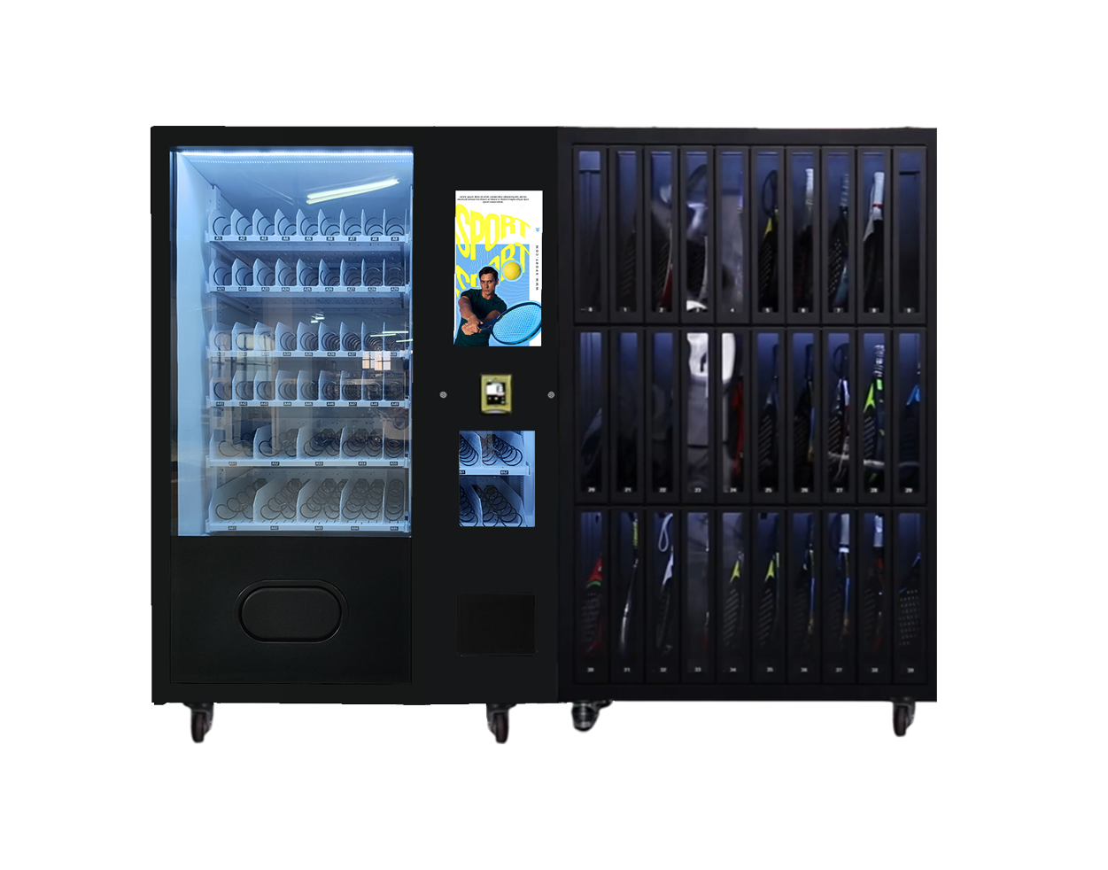 Micron padel racket tennis ball vending machine with elevator and adjustable channel