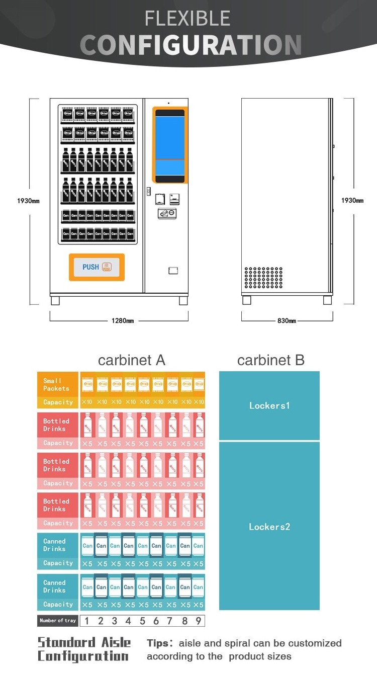 Automatic snack and drink Vending Machine with CE certificate touch screen conveyor belt spiral vending machine