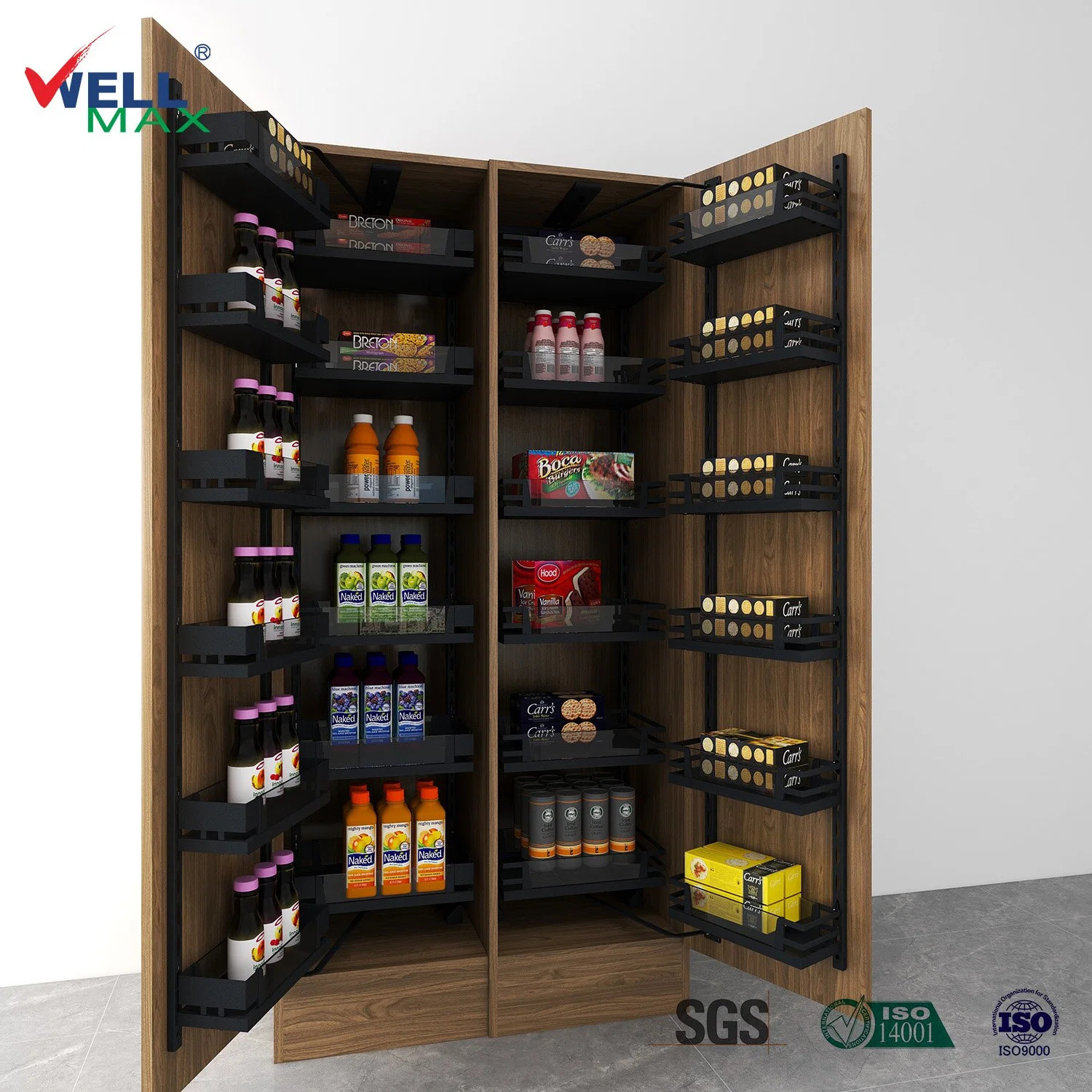 WELLMAX Kitchen Cabinet Larder Basket Pull Out Storage Organizer Iron Powder Soft Closing Drawer Pantry Unit