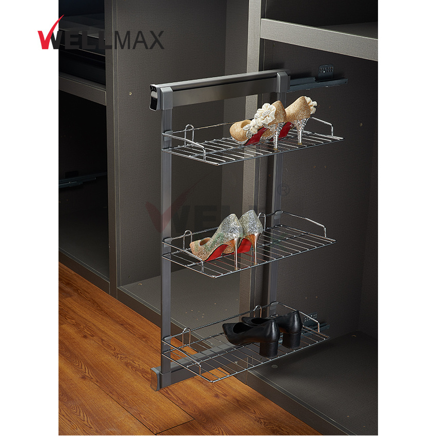 WELLMAX 3 Tiers Pull Out Cabinet Wire Shoes Rack Shelves Side Mounted Shoes Organizers Storage For Living Room Furniture