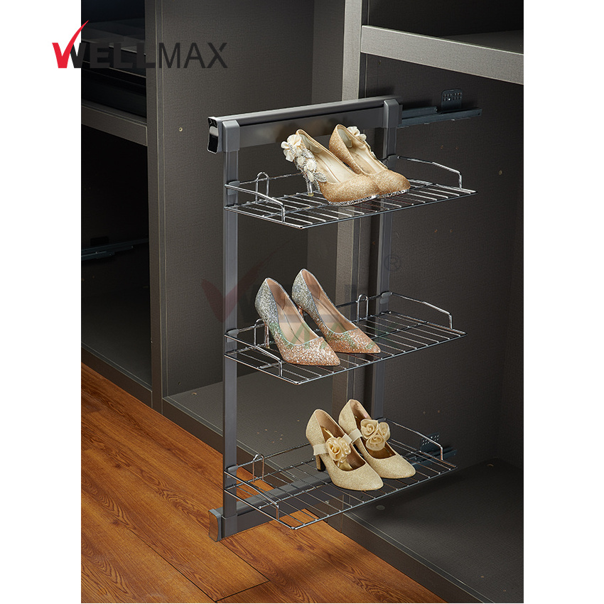 WELLMAX 3 Tiers Pull Out Cabinet Wire Shoes Rack Shelves Side Mounted Shoes Organizers Storage For Living Room Furniture