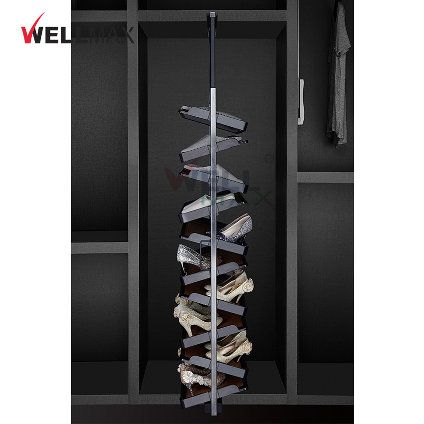 WELLMAX Wardrobe Hardware Soft Closing Revolving Shoe Rack Organizer Pull Out 360 Rotating Shoe Rack For Wardrobe Closet Storage