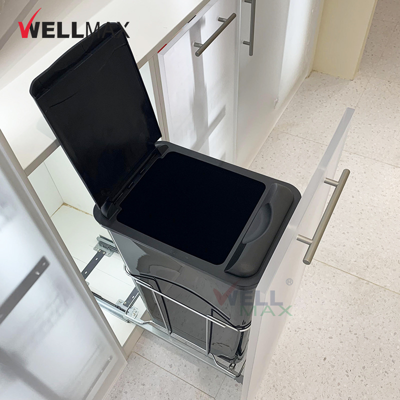 WELLMAX 50L Under Cabinet Big Capacity Garbage Can Trash Can Dust Bin for Kitchen Cabinets Built-in Pull Out Waste Bin