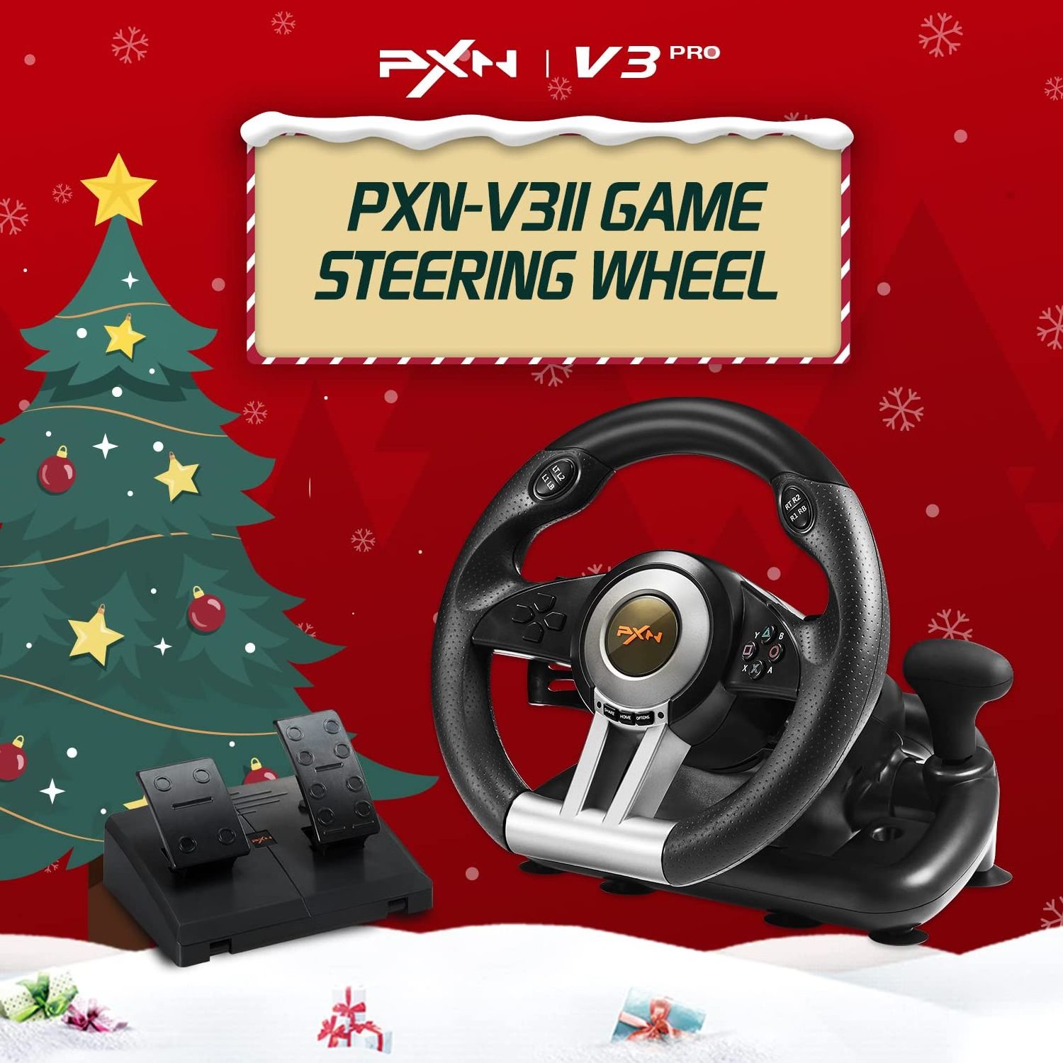 PXN V3II Racing Game Steering Driving Wheel with Pedal for Windows PC PS3 PS4 Xbox One Xbox Series S X Nintendo Switch