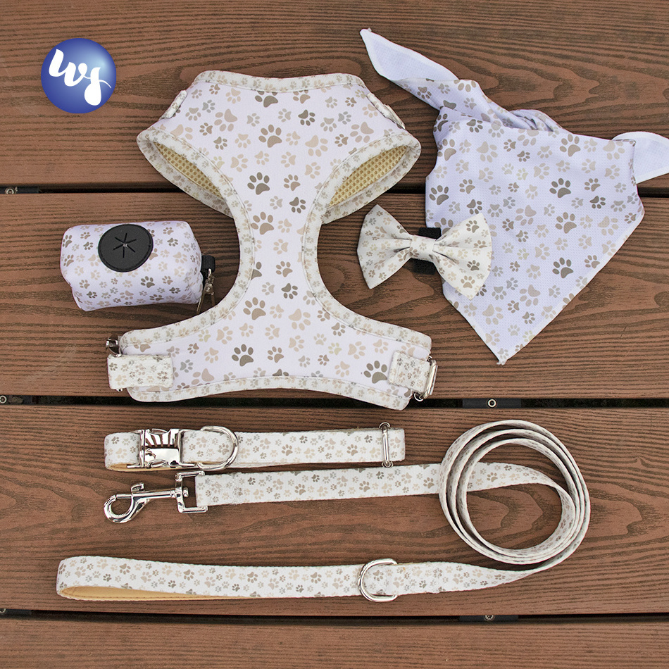 Hot Selling Cute Reversible Soft Mesh Harness Dog Custom Logo Printing Dog Harness Set with Pet Collar Leash Dog Poop Bag