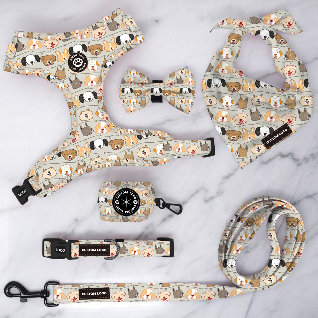 Popular Custom Design Dog Harness with Matching Dog Collar Leash Bow Tie and Bandana Set Neoprene Reversible Dog Harness Vest