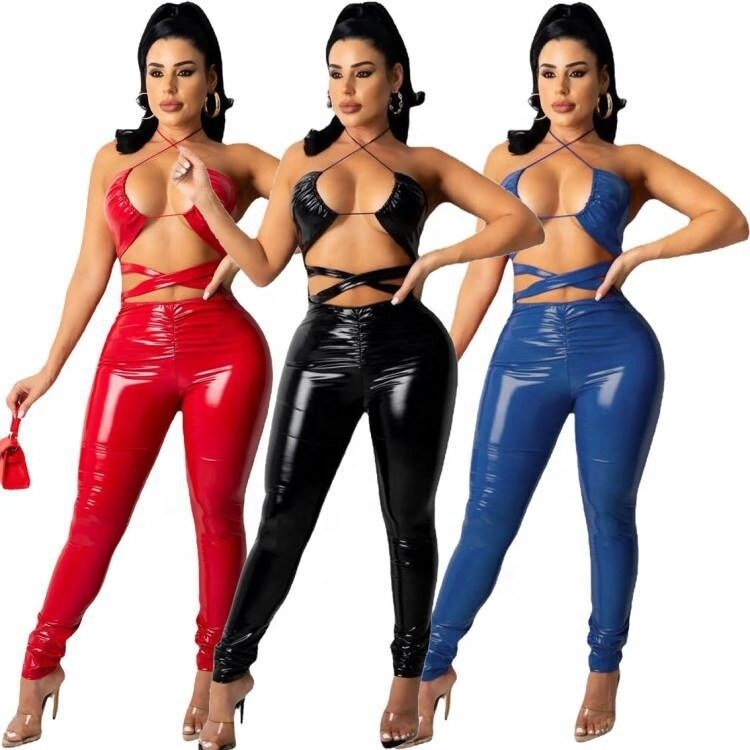 Women's New PU Leather Shiny Sleeveless Hanging Neck Slim Sexy Leather Jumpsuit