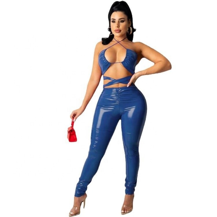 Women's New PU Leather Shiny Sleeveless Hanging Neck Slim Sexy Leather Jumpsuit