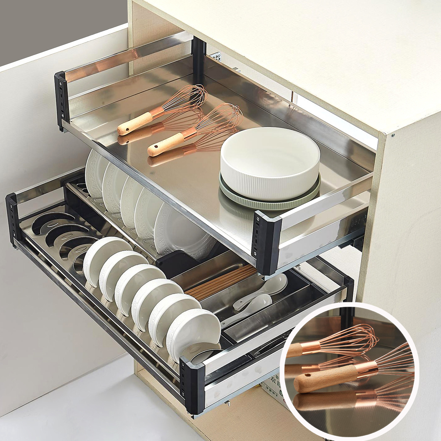 Stainless Steel Kitchen Cabinet Pull Out Basket Organizer Drawer 2 Tier Free Sample 50CM 60CM 70CM Kitchen Cabinet Accessories