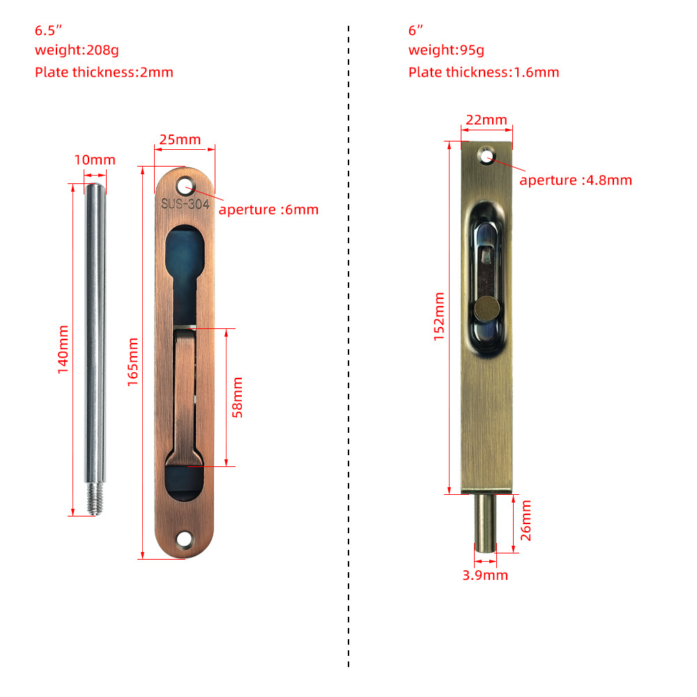 Custom Standard Low Price Door Lock Flush Bolt Iron Stainless Steel Safety Bolt Hotel Security Door Bolt Brass Color Door Latch