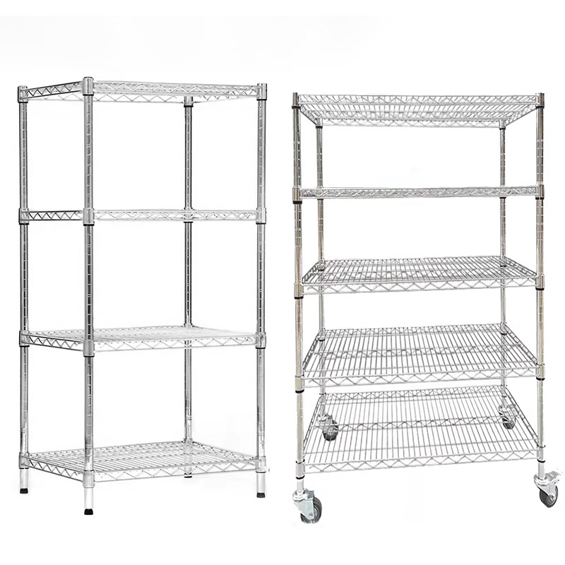 Factory Wholesale Adjustable Furniture Kitchen Rack Trolley Industry Metal Storage Shelf Chrome Plated Wire Shelves With Wheels