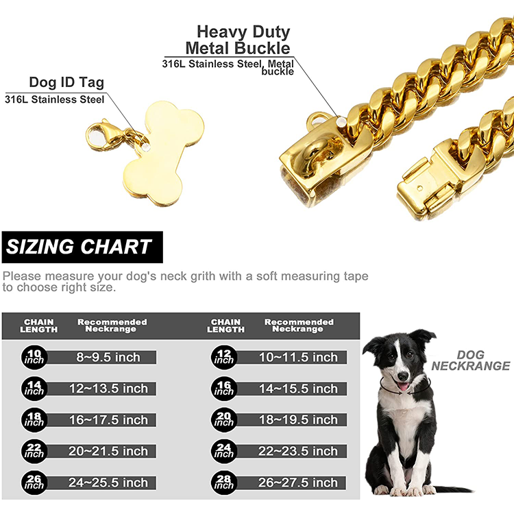 Personalized custom gold dog chain stainless steel 14MM Wide heavy big chain cuban link gold luxury dog collar