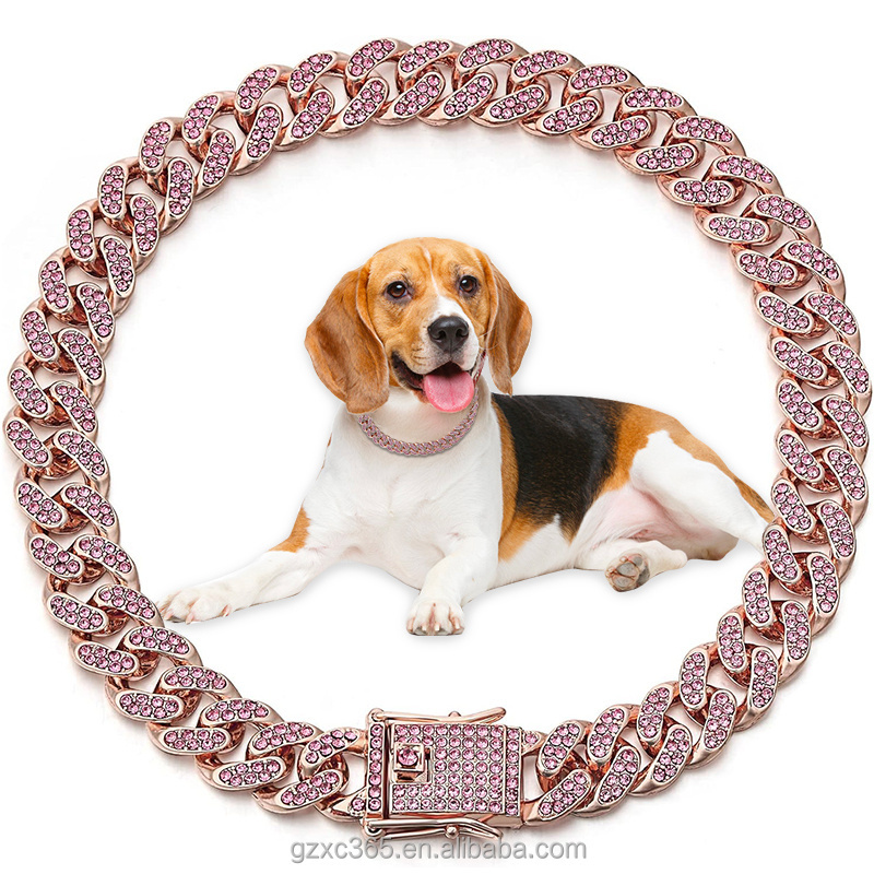 Dog Chain Collar  rose gold Diamond Cuban Link Necklace Metal Cat Chain Pet Crystal Collar Jewelry Accessories for  Dogs Cats