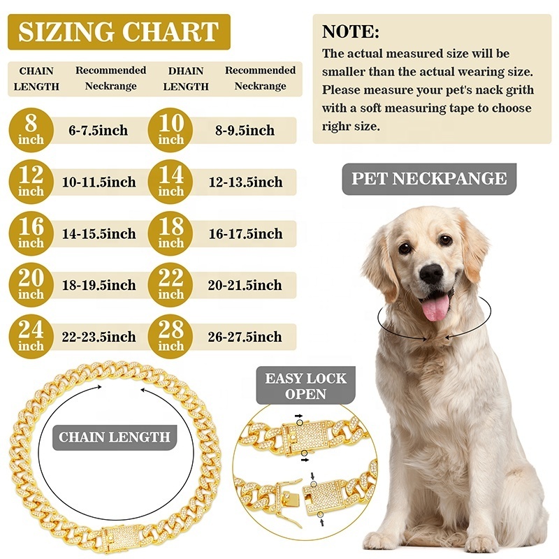 Gold Dog Cats Cuba Chain Diamond Collar with Design Secure Buckle Metal Bling Cuban Link Diamond Dogs Collar Gold Dog Chain