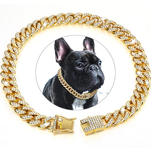 Gold Dog Cats Cuba Chain Diamond Collar with Design Secure Buckle Metal Bling Cuban Link Diamond Dogs Collar Gold Dog Chain