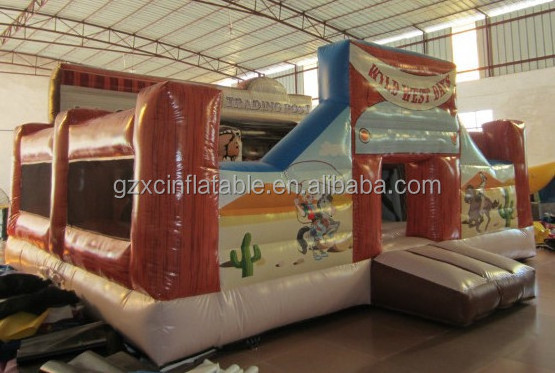 Commercial West Cowboy Theme Wooden Barrel Inflatable Castle Inflatable Bounce House For Sale