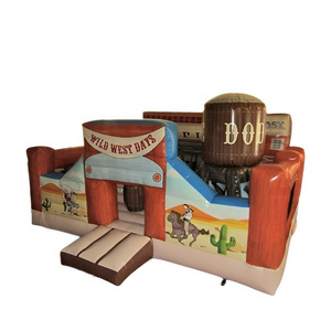 Commercial West Cowboy Theme Wooden Barrel Inflatable Castle Inflatable Bounce House For Sale