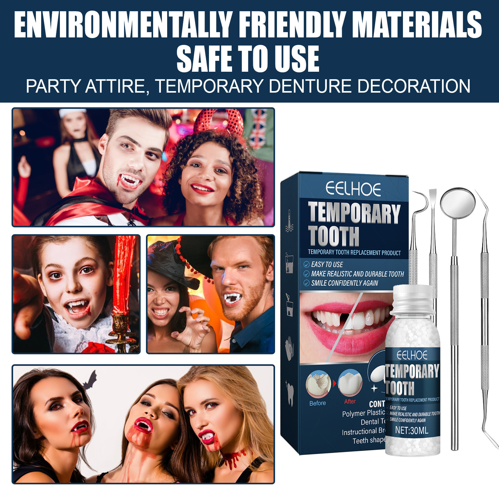 Halloween vampire makeup instant smile temporary tooth kit