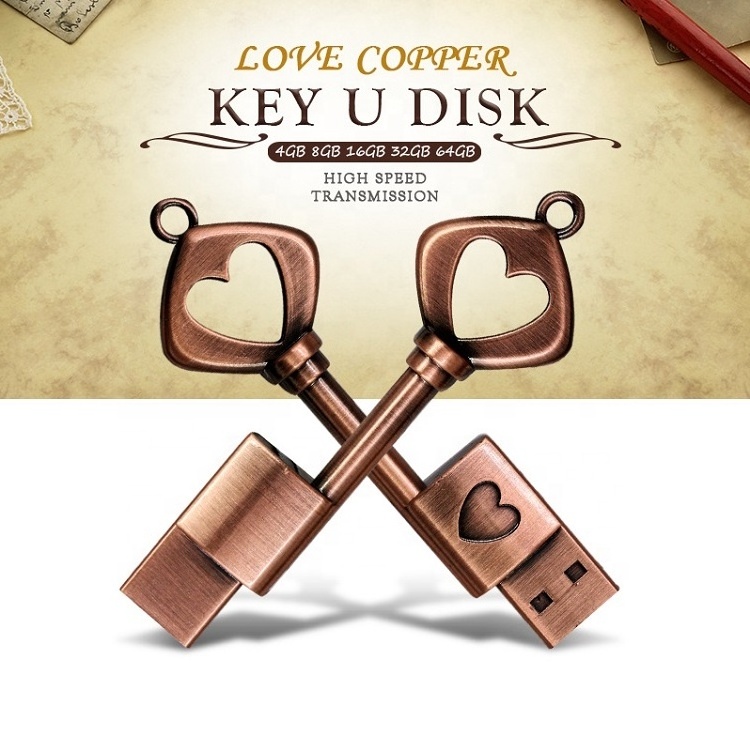 Metal USB Key Shape Flash Drive Rose Gold Wedding Heart U Disk 3.0 16gb 32gb 64gb USB 2.0 Customized OEM Logo