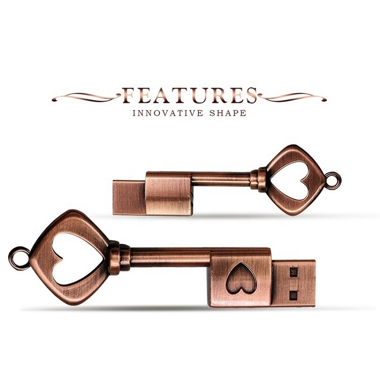 Metal USB Key Shape Flash Drive Rose Gold Wedding Heart U Disk 3.0 16gb 32gb 64gb USB 2.0 Customized OEM Logo