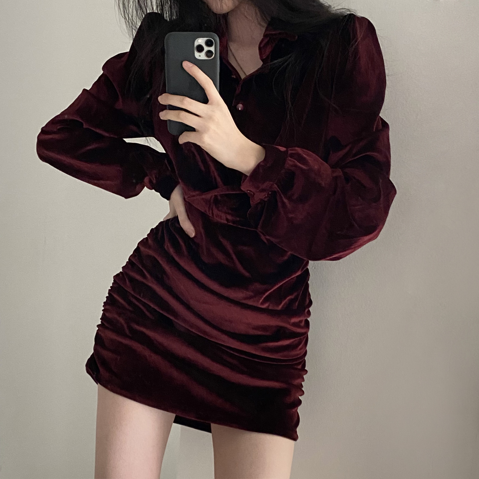 Fashion Christmas Red Dress Korean Chic Retro Autumn Velvet Flip Neck Short Sexy Wrap Hip Dress Evening Dresses