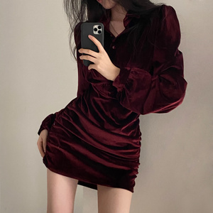 Fashion Christmas Red Dress Korean Chic Retro Autumn Velvet Flip Neck Short Sexy Wrap Hip Dress Evening Dresses