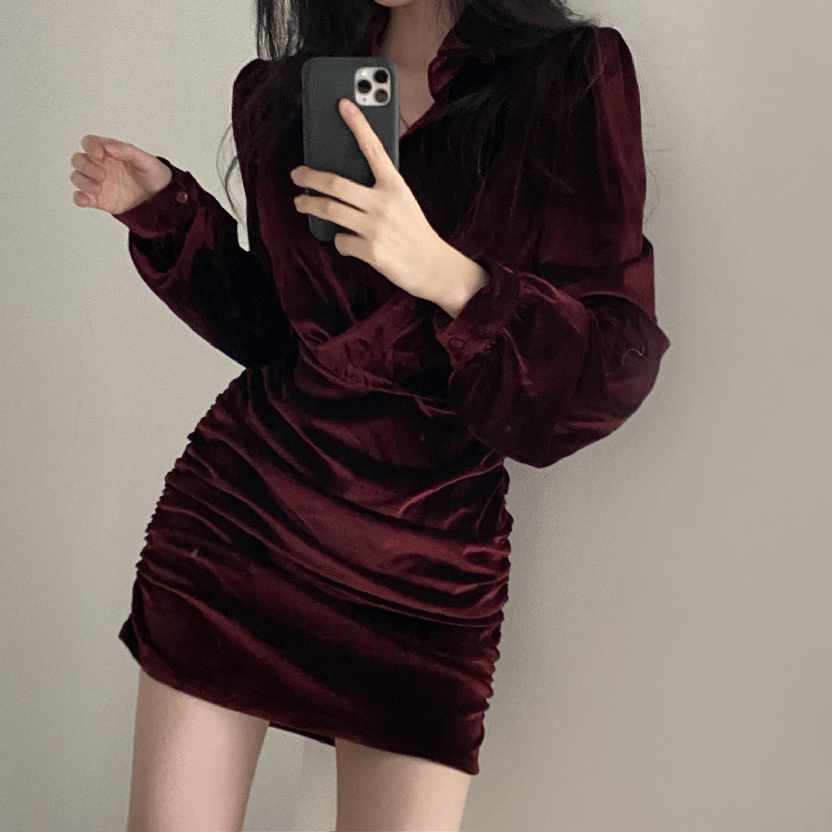 Fashion Christmas Red Dress Korean Chic Retro Autumn Velvet Flip Neck Short Sexy Wrap Hip Dress Evening Dresses