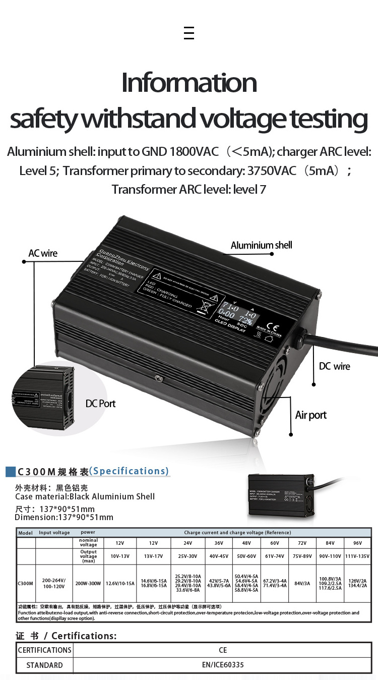 29.2V10A C300M LiFePO4 Battery Charger LED Display Portable Energy Storage 36V6A LiFePo4 Ebike Battery Charger