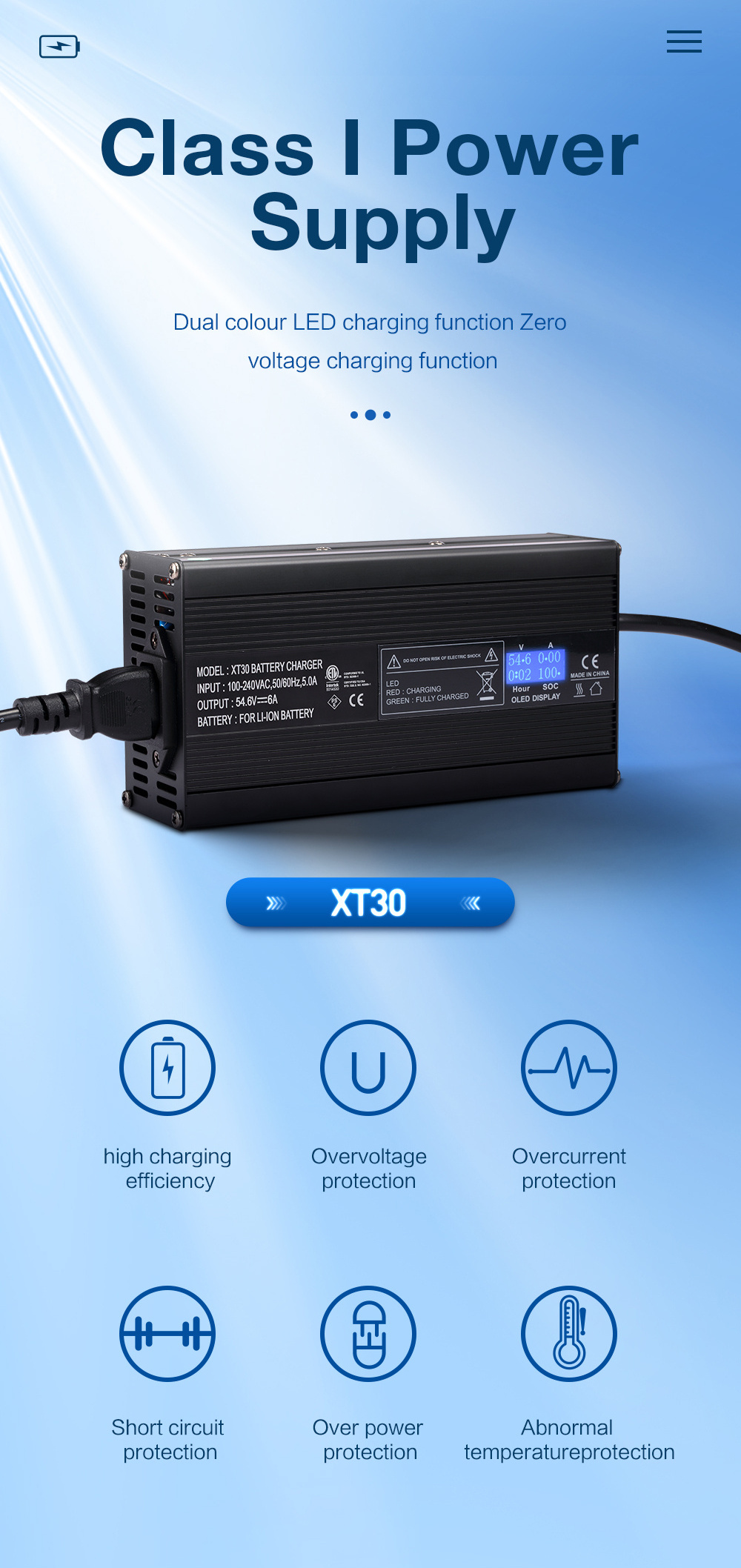 XT30 12V 24V 36V 48V 60V 72V Li-ion Battery Charger Lead Acid Charger LiFePO4 Charger for Motorcycle