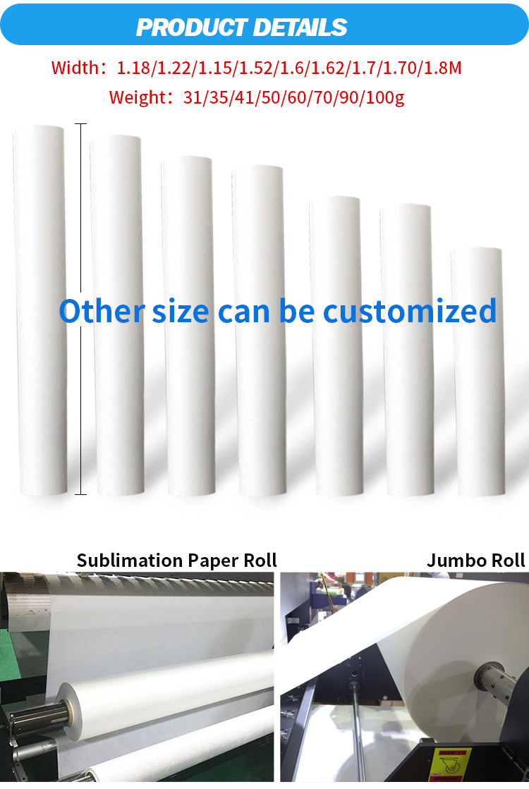 70gsm/80gsm/100gsm/120gsm Large format fast dry sublimation transfer paper roll size 44