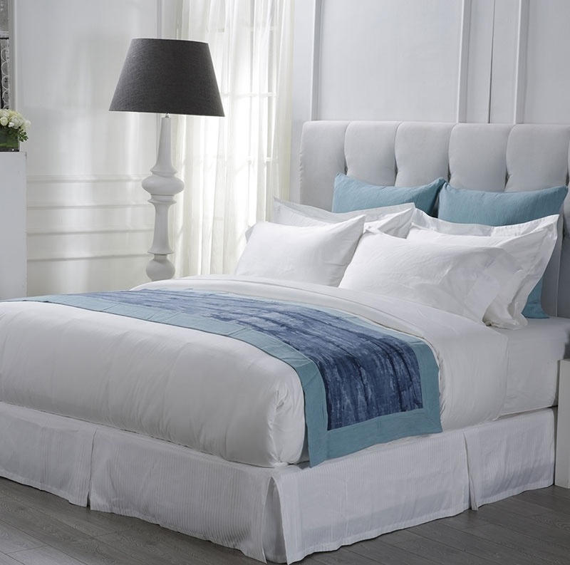 Hotel Luxury Cotton Bed Sheets Bedroom Linen White Bedsheets Bedding Set with Bed Runner