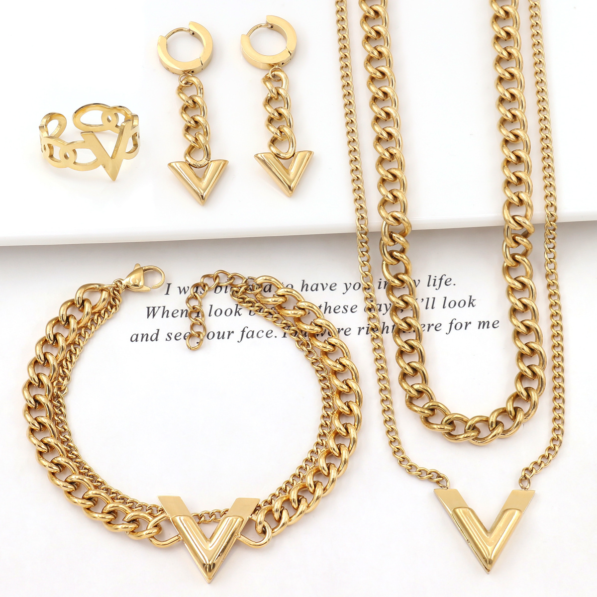 Fashion Gold Layered Cuban Link Chain Letter V Pendant Necklace Bracelet and Earrings Party 4pcs Jewelry Set