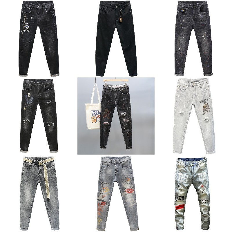 New motorcycle style men's jeans patch beggar pants ripped casual stretch men's pants mid-waist men's ripped denim pants