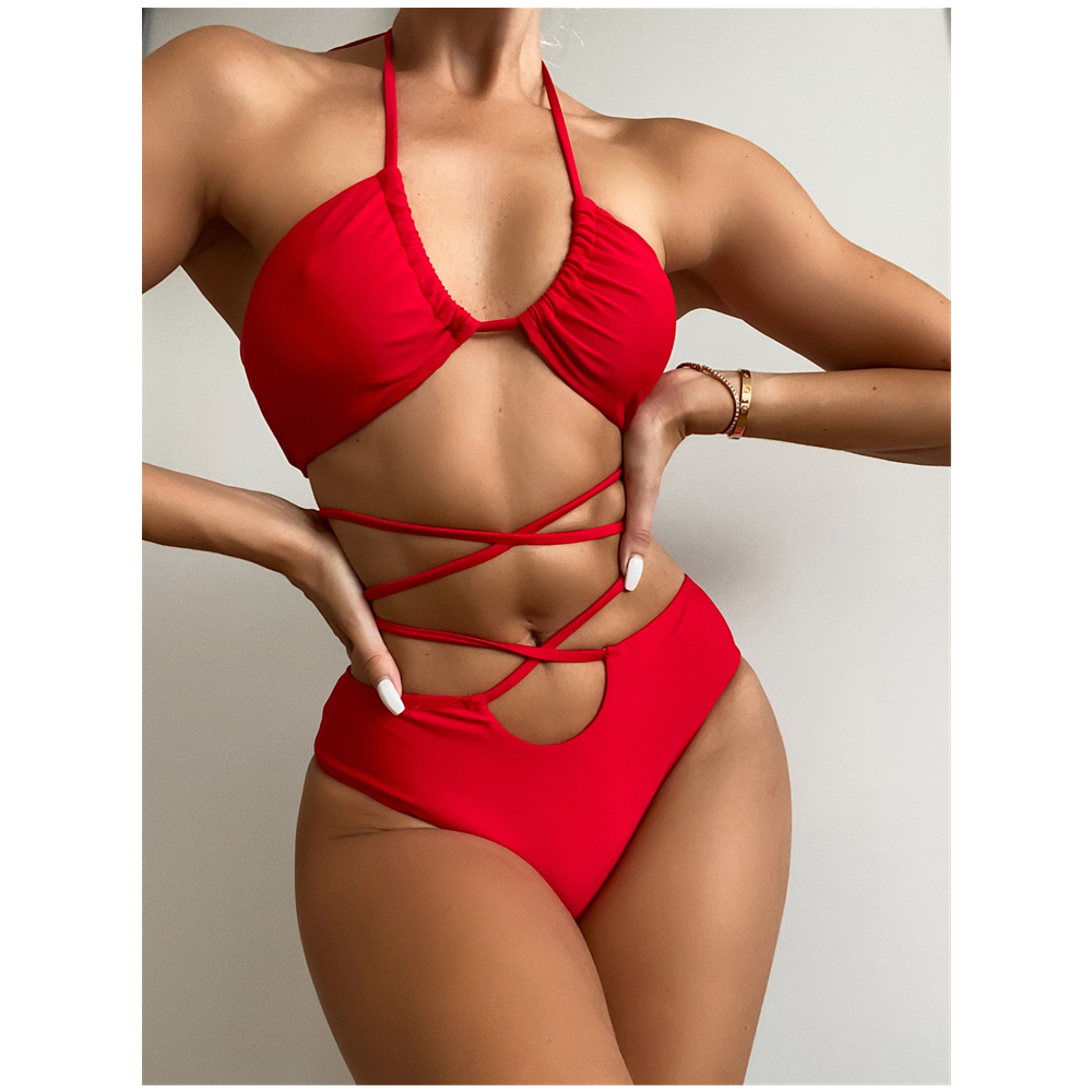 Bandage Straps Bathing Suits Hollow Out Swimsuit Sexy Women Halter Neck X-Cross Bottom Micro Bikini