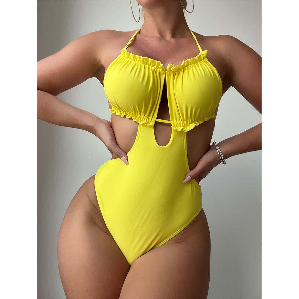 New Bikini With Cover-up for Women Solid Color Round Neck Lace Up Sexy Backless Swimsuit In Stock 2024