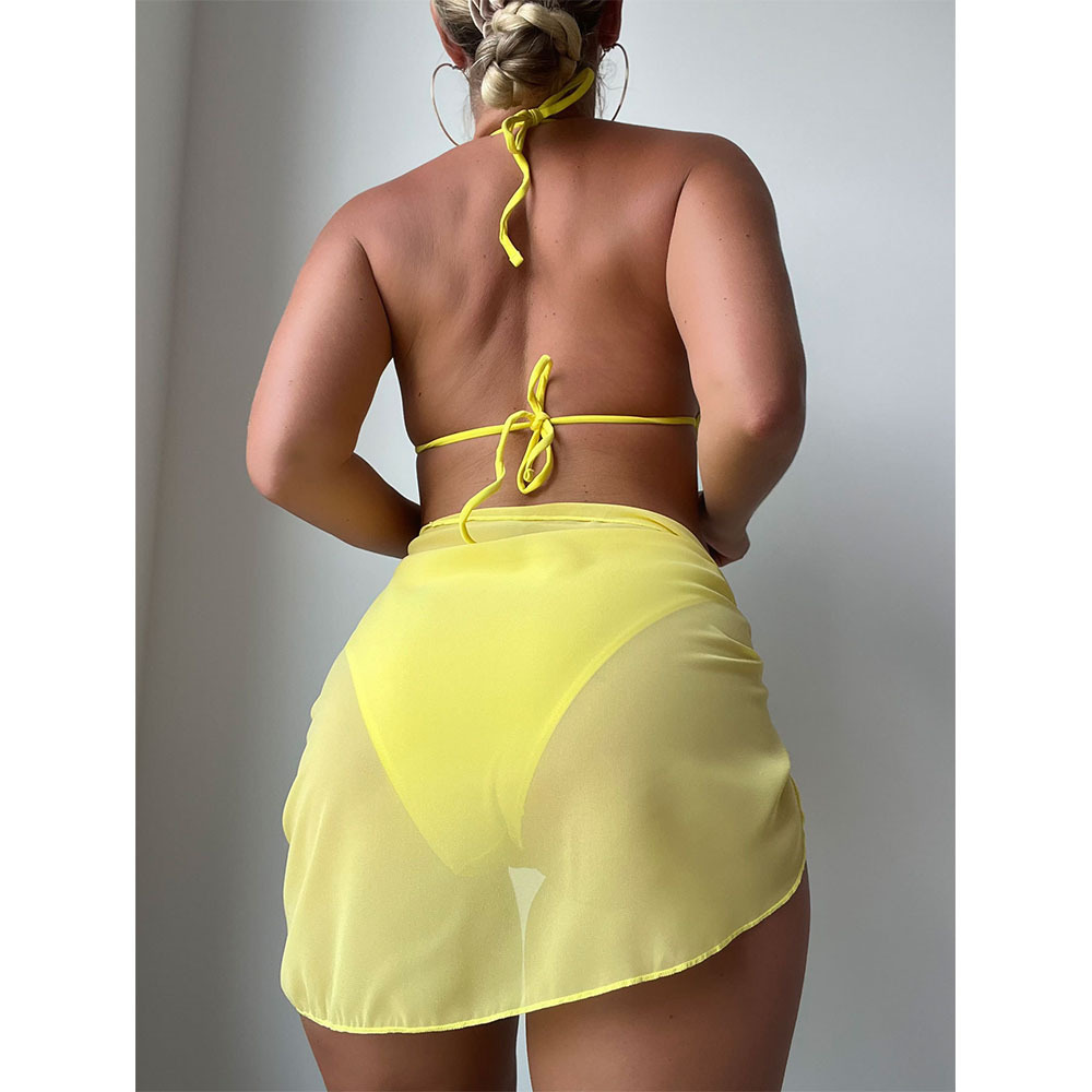 New Bikini With Cover-up for Women Solid Color Round Neck Lace Up Sexy Backless Swimsuit In Stock 2024