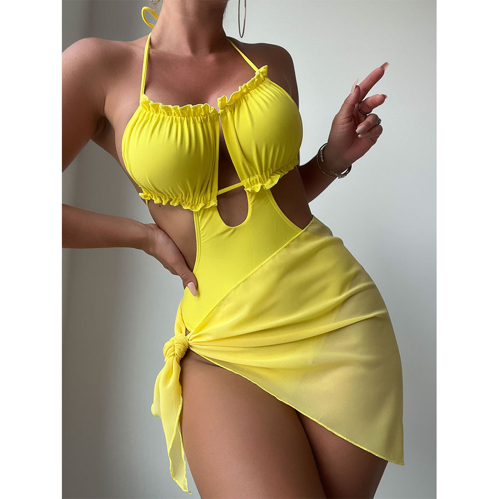 New Bikini With Cover-up for Women Solid Color Round Neck Lace Up Sexy Backless Swimsuit In Stock 2024