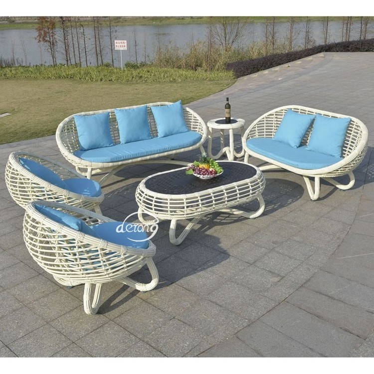 cute egg-shape PE rattan cafe sofa set outdoor furniture garden use with waterproof cushions