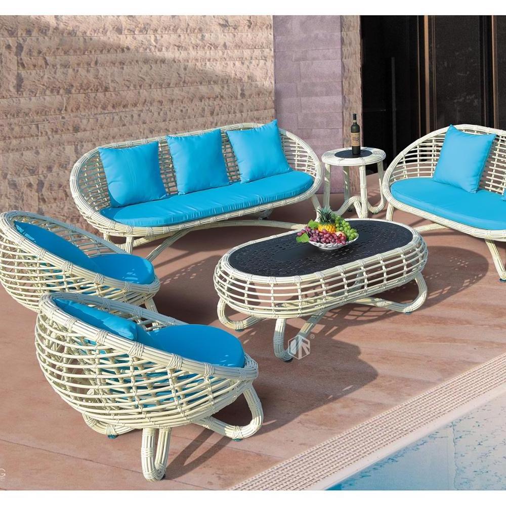 cute egg-shape PE rattan cafe sofa set outdoor furniture garden use with waterproof cushions