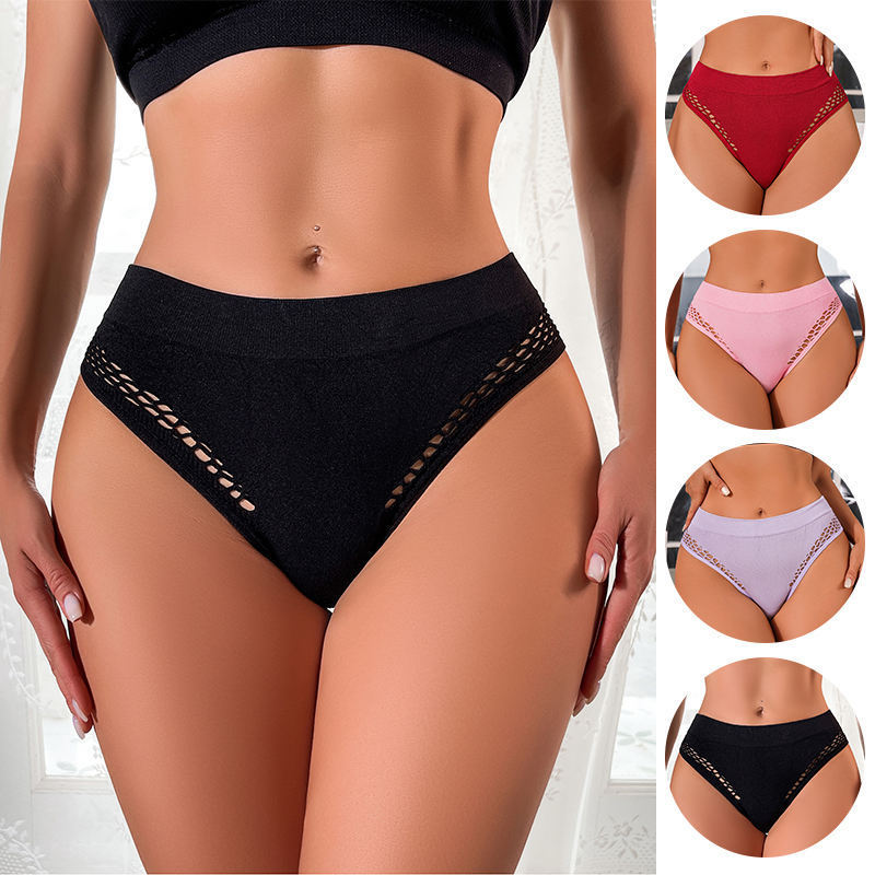 Hot Cheap Price Women Sexy Panties Underwear Ladies Grid Hollow Out Seamless Breathable Comfortable Cotton Crotch Soild Thongs