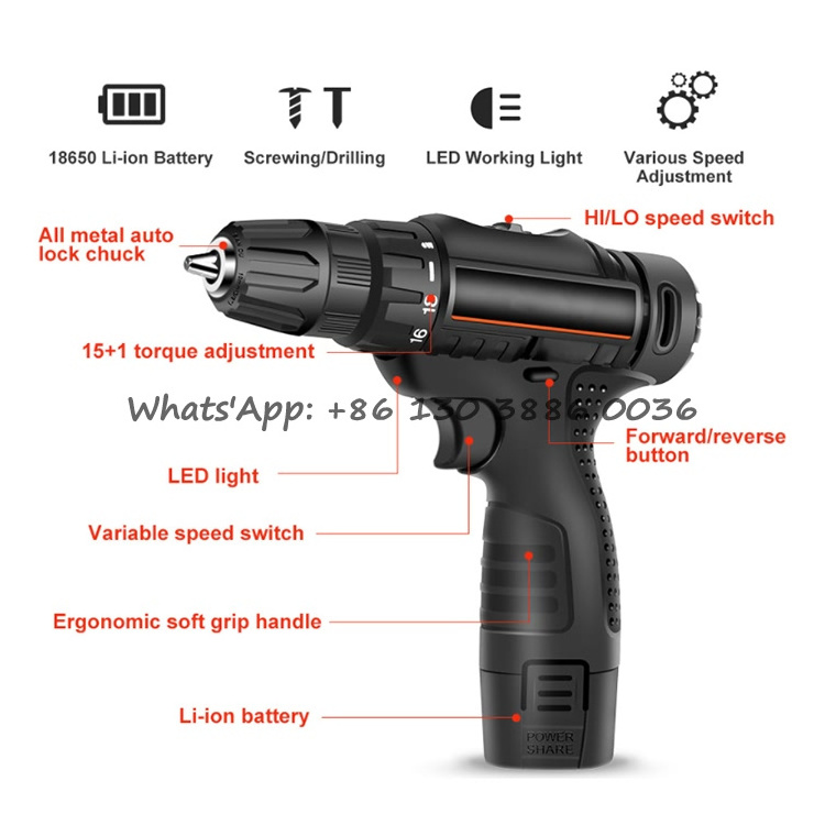 Electric Drill Household 12V Wireless Impact Hand Drills Rechargeable Screwdriver Industrial Power Driver Cordless Repair Set