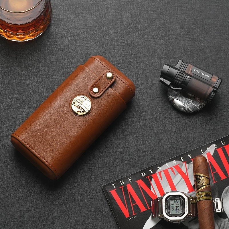 Cigar Accessories Luxury Humidor Portable Cedar Wood Handmade Tube Genuine Leather Travel Cigar Case