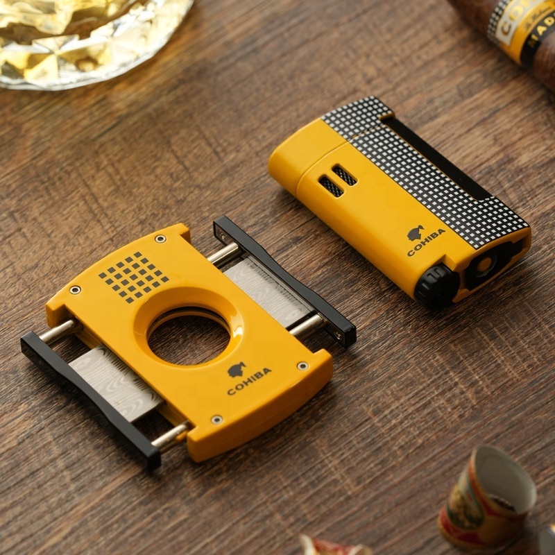 Custom logo metal alloy cigar accessories cigar lighter and cutter set