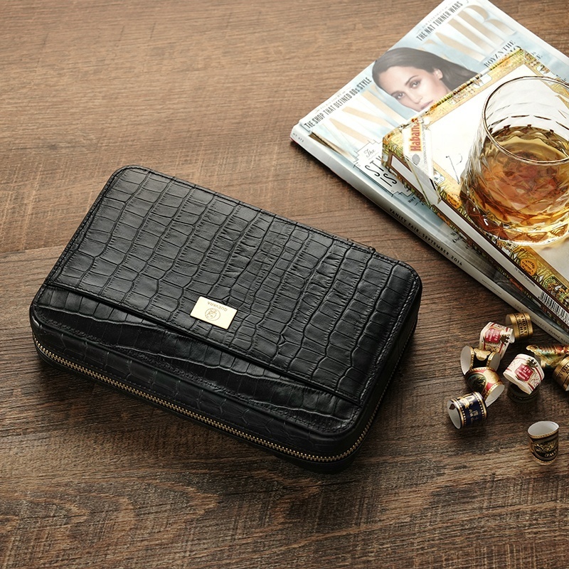 Portable Travel Luxury Black Cigar Case Leather Cigar Cutter And Lighter Set Travel Cigar Case