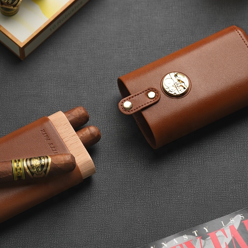 Cigar Accessories Luxury Humidor Portable Cedar Wood Handmade Tube Genuine Leather Travel Cigar Case